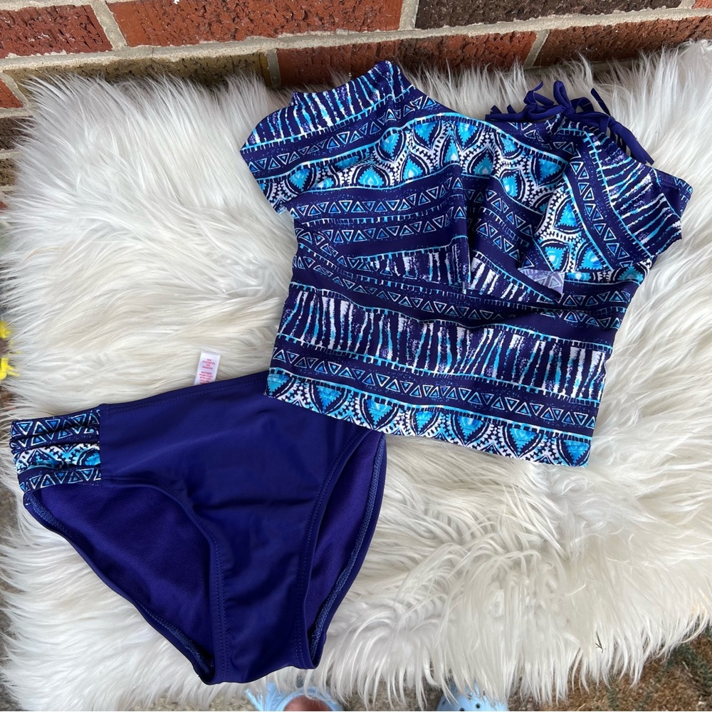 SO Royal Purple and Light Blue Aztec Print Two Piece Swimsuit